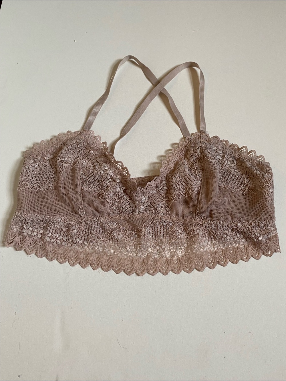 Romantic Taupe Floral Lace Longline Bralette / Sheer Mesh / Cross Back Straps M